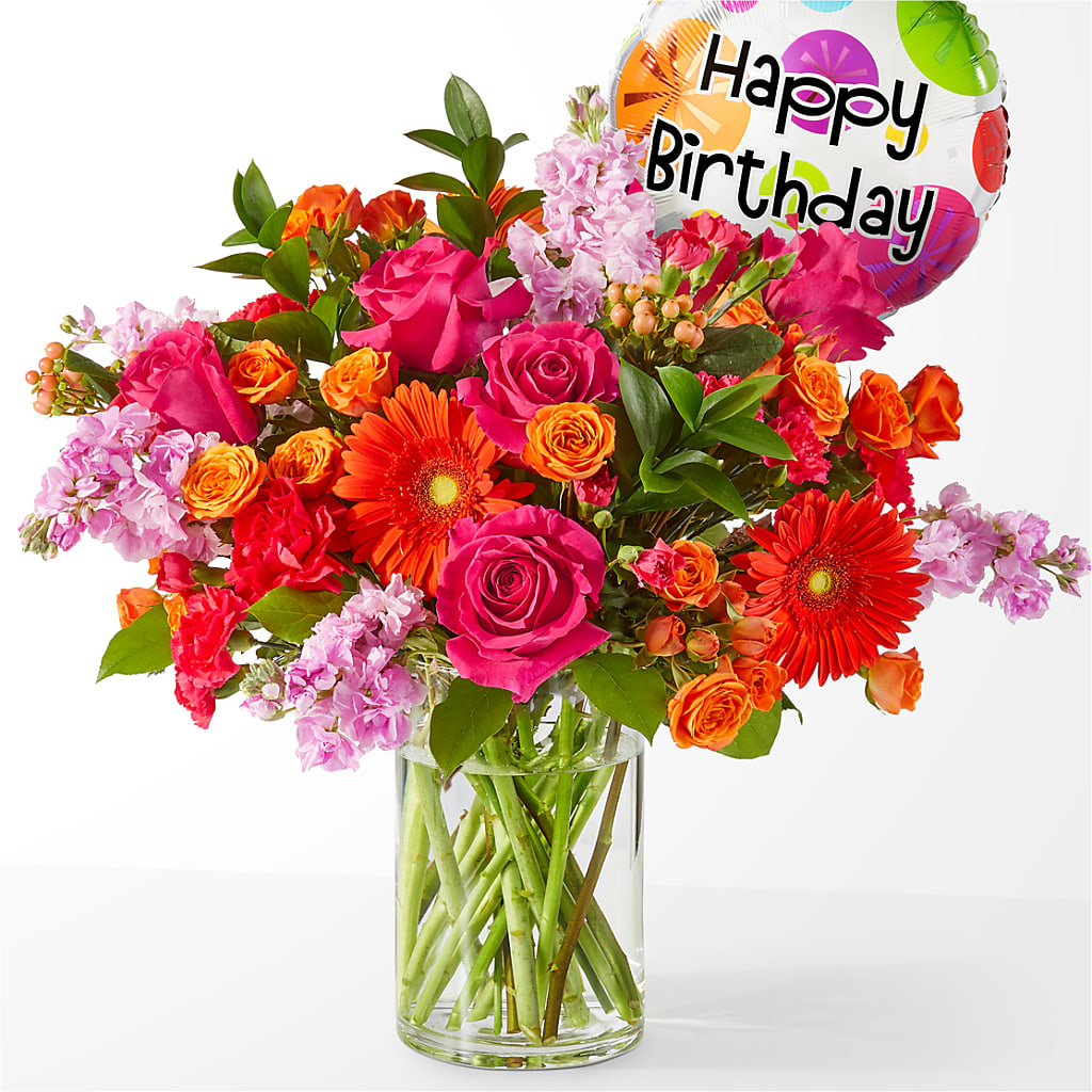 Fiesta Bouquet with Birthday Balloon – JENNY'S FLOWER, Brooklyn NY